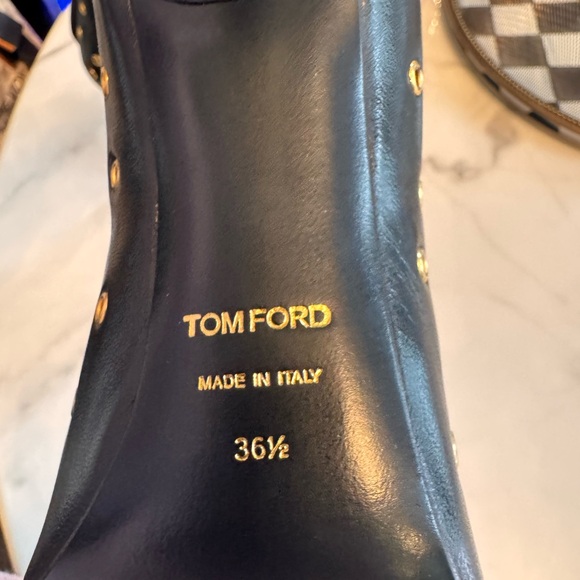 Tom Ford Black and Gold Grommet Heeled Boots with Metallic Stiletto. - Picture 6 of 7